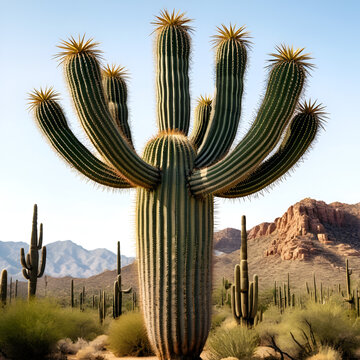 Saguaro-like cactus with three arms, showcasing its ribbed texture and spiky areoles, evoking a desert vibe on a transparent background, PNG image, PNG file.