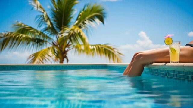 Woman relaxing by an infinity pool on a sunny day, dipping her feet in turquoise water with a tropical drink.