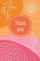 Thank you - Schriftzug in englischer Sprache - Danke. Karte mit Zweigen und geometrischen Formen in Pink und Orange.
