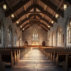 Fototapeta premium Serene Interior of Wooden Chapel with High Ceilings and Stained Glass