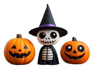Cute cartoon skeleton wearing a witch hat and cape between two jack o lanterns isolated on transparent background