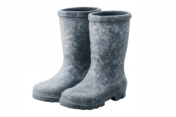 Gray rubber boots standing upright on a transparent background, ready for use in various weather conditions