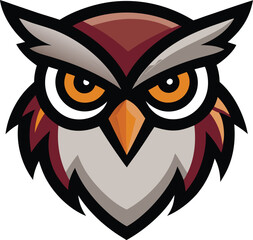 Stylized owl mascot with intense orange eyes