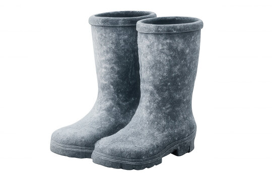 Gray rubber boots standing upright on a transparent background, ready for use in various weather conditions