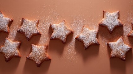 Star-shaped cookies dusted with powdered sugar on a brown background  