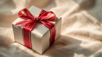 Gift box wrapped with red ribbon on soft fabric background  