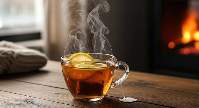 A steaming cup of tea with lemon slices on a wooden table near a warm fireplace in a cozy setting