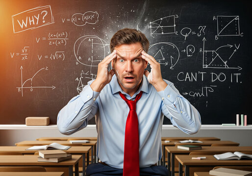 A man sits at a desk with his hands on his head, looking shocked and overwhelmed by the math problems on the blackboard.
