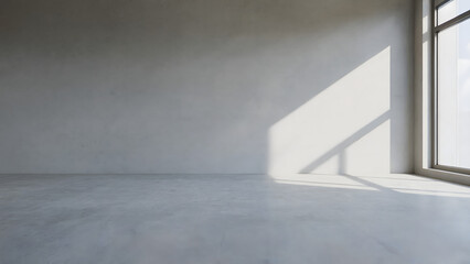 Bright light streams through a large window casting shadows on a stark white empty room interior