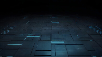 Fototapeta premium A dark futuristic surface with glowing blue lines and geometric shapes in a perspective view