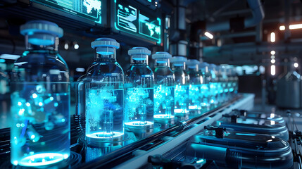 Futuristic laboratory vials filled with glowing blue liquid on automated conveyor belt, showcasing advanced scientific research and development.