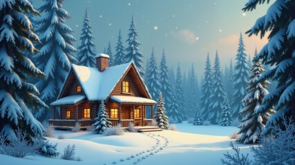 Fairytale winter landscape, cozy house in snowy forest. Retro postcard Merry Christmas and Happy New Year

