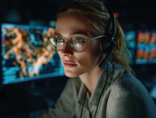 Focused female analyst wearing headset and glasses, analyzing complex data on glowing computer screens in a dark control room