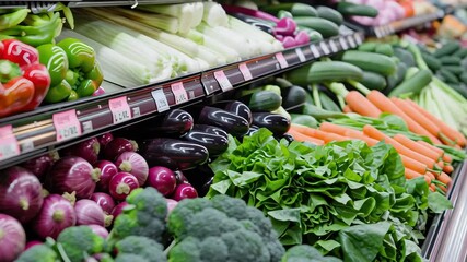 A colorful display of vegetables and fruits in a grocery store. The produce is fresh and vibrant, with a variety of colors and shapes. Scene is cheerful and inviting