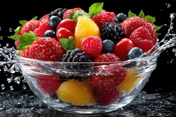 Fresh fruits splash in a clear bowl creating a vibrant display of colors and textures
