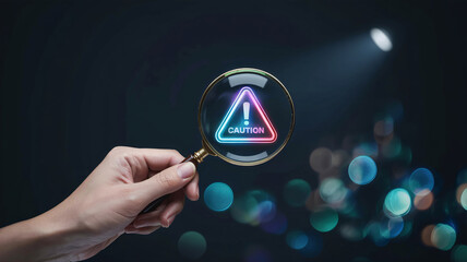 Uncover crucial warnings with a magnifying glass, highlighting the essential caution sign for risk assessment and safety.