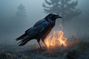 Fototapeta premium Cinematic Raven in Fog with Radiant Heat - Wild Nature Wallpaper