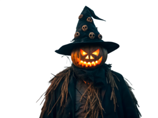 Spooky jack o lantern character wearing a witch hat and burlap costume isolated on transparent background