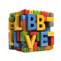 Fototapeta premium Colorful alphabet blocks forming the word livet in a cube shape with a transparent background isolated on transparent background