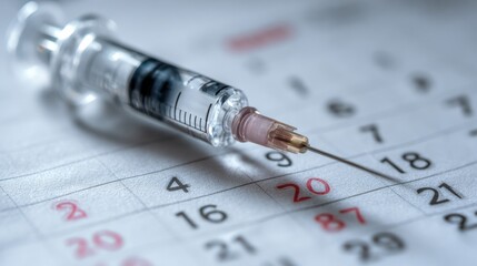 Crisp image focused on a single injectable syringe adjacent to a softly blurred shielded calendar illustrating twiceayear dosing endorsed by international health organizations.