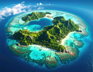 High-resolution simulated satellite view of a uniquely shaped fictional island with green forests, sandy beaches, and turquoise waters.