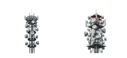 Telecommunication towers in urban setting industrial infrastructure high-tech environment daytime viewpoint for connectivity. Cut out set png