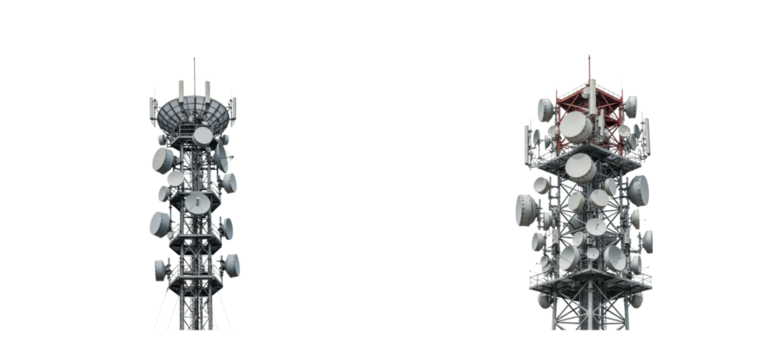 Telecommunication towers in urban setting industrial infrastructure high-tech environment daytime viewpoint for connectivity. Cut out set png