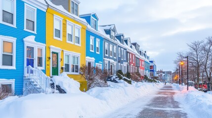 A row of colorful houses sits amidst a snowy street in winter.