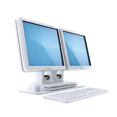 Fototapeta premium Modern white dual monitor computer setup with keyboard and stand isolated on transparent background for technology and office use