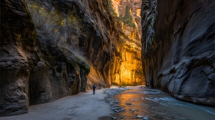 Golden light streams through a narrow canyon.