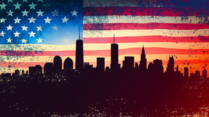 American flag with New York City silhouette with twin towers Banner for American Patriot Day. 9.11 memorial day. September 11 banner