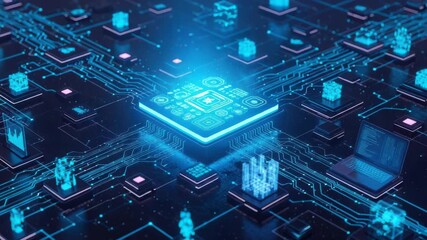 A futuristic circuit board with glowing blue lines and components, representing advanced technology and data processing - Powered by Adobe