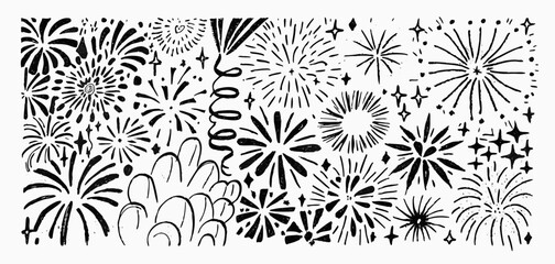 Hand-drawn Fireworks Clipart: Black and White Festive Design Elements
