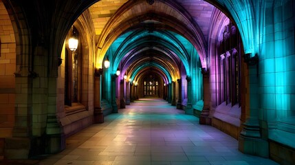 Fototapeta premium Colorful archway walkway at night.