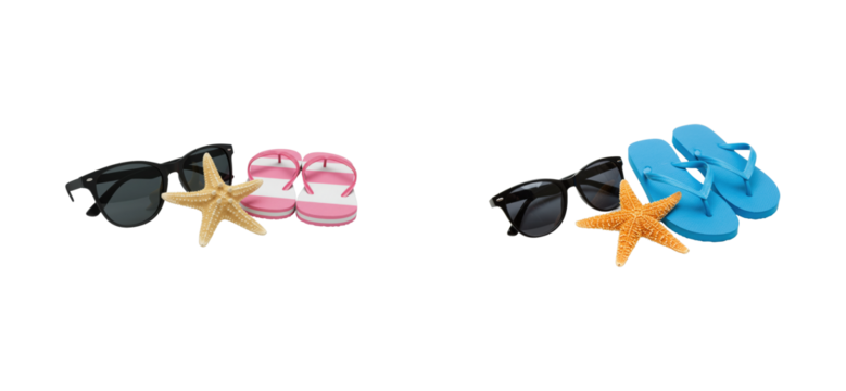 Summer beach accessories flip flops and sunglasses coastal vibe product display creative. Cut out set png