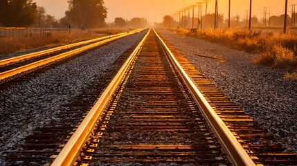 Fototapeta premium Railroad tracks extending into a golden sunset.