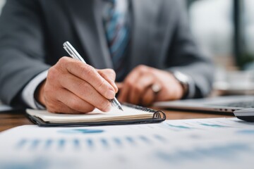 Businessman Taking Notes on Financial Report, with Graphs and Charts, at a Wooden Office Desk