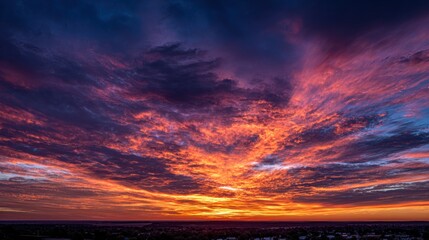 Fototapeta premium Vivid sunset illuminating dramatic clouds with a fiery mix of orange, purple, and yellow hues over a town.