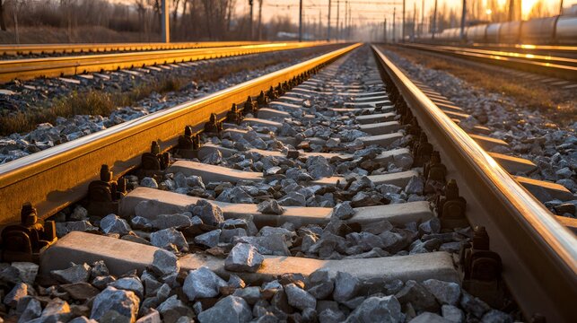 Close-up view of railway tracks at sunset.