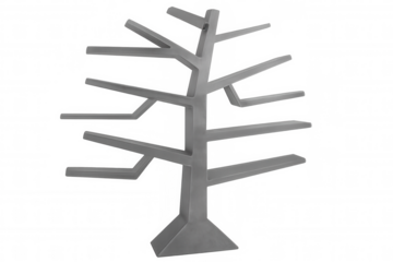 Metal tree-shaped bookshelf standing on a transparent background, ideal for modern interior design projects