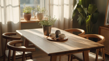 A wooden table with chairs and decorative items in a sunlit room with plants and natural light