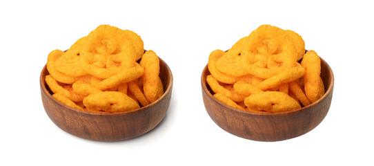 Corn puff snack isolated, crunchy cereal nosh, crispy yellow rice breakfast with paprika