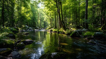 Obraz premium Tranquil forest stream with lush greenery.
