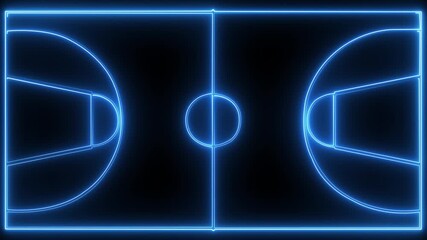 Animation of neon sports basketball stadium on black background with neon lights. with neon lights. neon cyan line animation on black background HD 4K .Neon, shiny glowing outline of Basketball - Powered by Adobe
