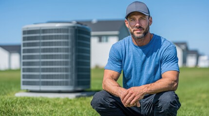 Air conditioning installation: A professional air conditioning expert is kneeling beside an outdoor air conditioner unit, demonstrating a commitment to service and expertise.