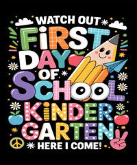 Make the Kindergarten design the highlight of your child's wardrobe. This playful and energetic design is perfect as a first day of Kindergarten design for 1st day of Kindergarten