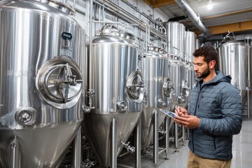 Brewery worker monitors fermentation tanks in modern facility during operational hours