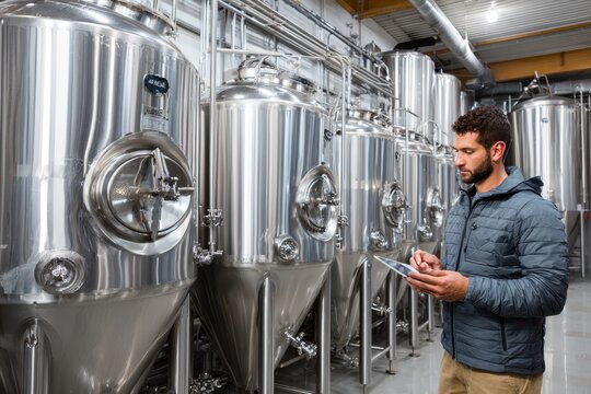 Brewery worker monitors fermentation tanks in modern facility during operational hours