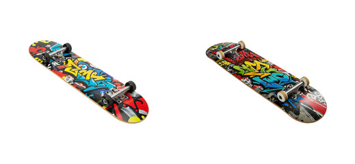 Skateboarding tricks showcase urban park video content graffiti ground level youth culture. Cut out set png