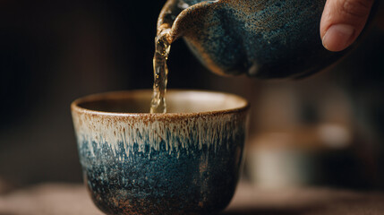 ai pouring steaming herbal tea into a traditional handcrafted ceramic cup on a cozy afternoon